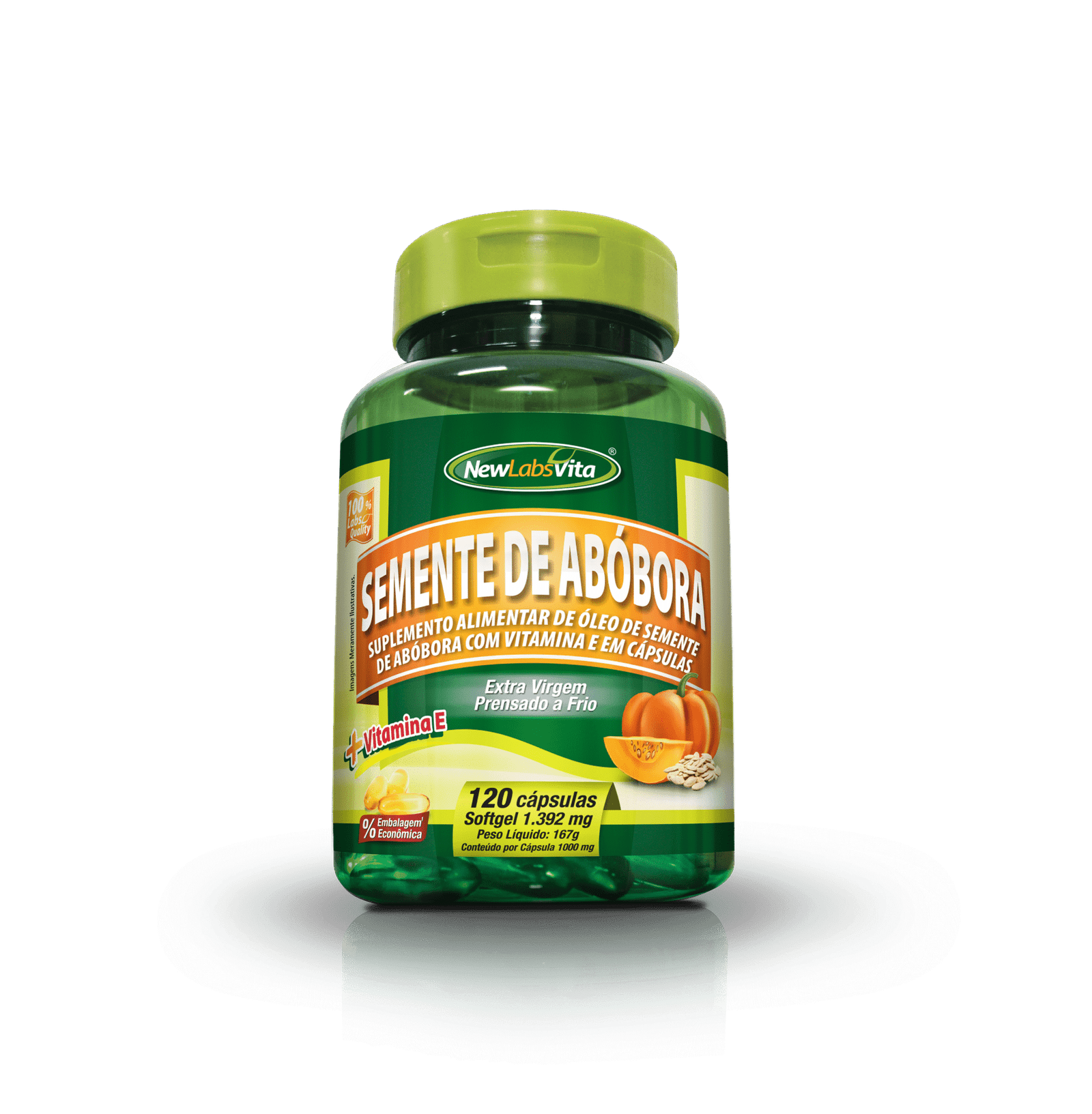 Suplemento Óleo de Semente de Abóbora extra virgem da NewLabsVita com vitamina E em cápsulas de 1.392mg.
