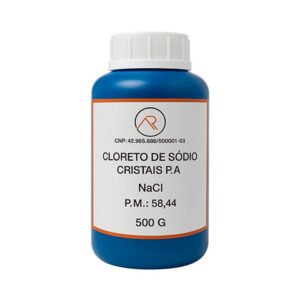 Frasco de sal sem iodo Cloreto de Sódio Cristais P.A. – 500g, indicado para dietas restritivas de iodo