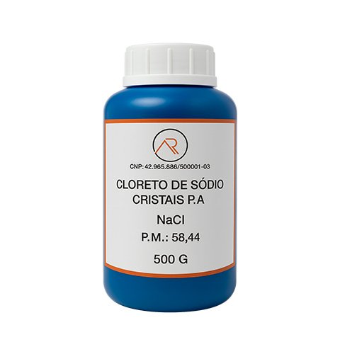 Frasco de sal sem iodo Cloreto de Sódio Cristais P.A. – 500g, indicado para dietas restritivas de iodo