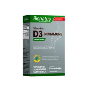 Frasco do suplemento Vitamina D3 BIOIMMUNE da Bionatus com 30 comprimidos e 2000 UI de colecalciferol.
