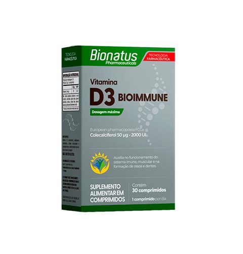 Frasco do suplemento Vitamina D3 BIOIMMUNE da Bionatus com 30 comprimidos e 2000 UI de colecalciferol.