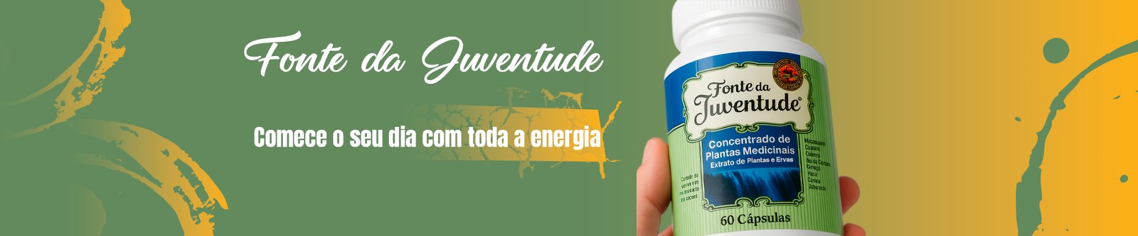 Frasco de suplemento Tônico Fonte da Juventude com 60 cápsulas, à base de extrato de raízes e plantas medicinais para bem-estar e longevidade.