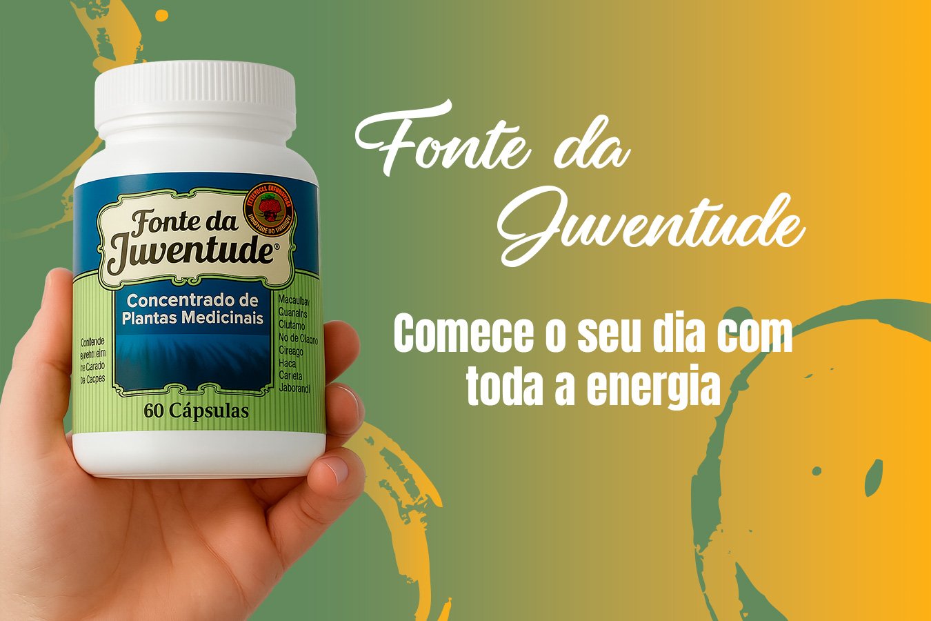 Frasco de suplemento Tônico Fonte da Juventude com 60 cápsulas, à base de extrato de raízes e plantas medicinais para bem-estar e longevidade.