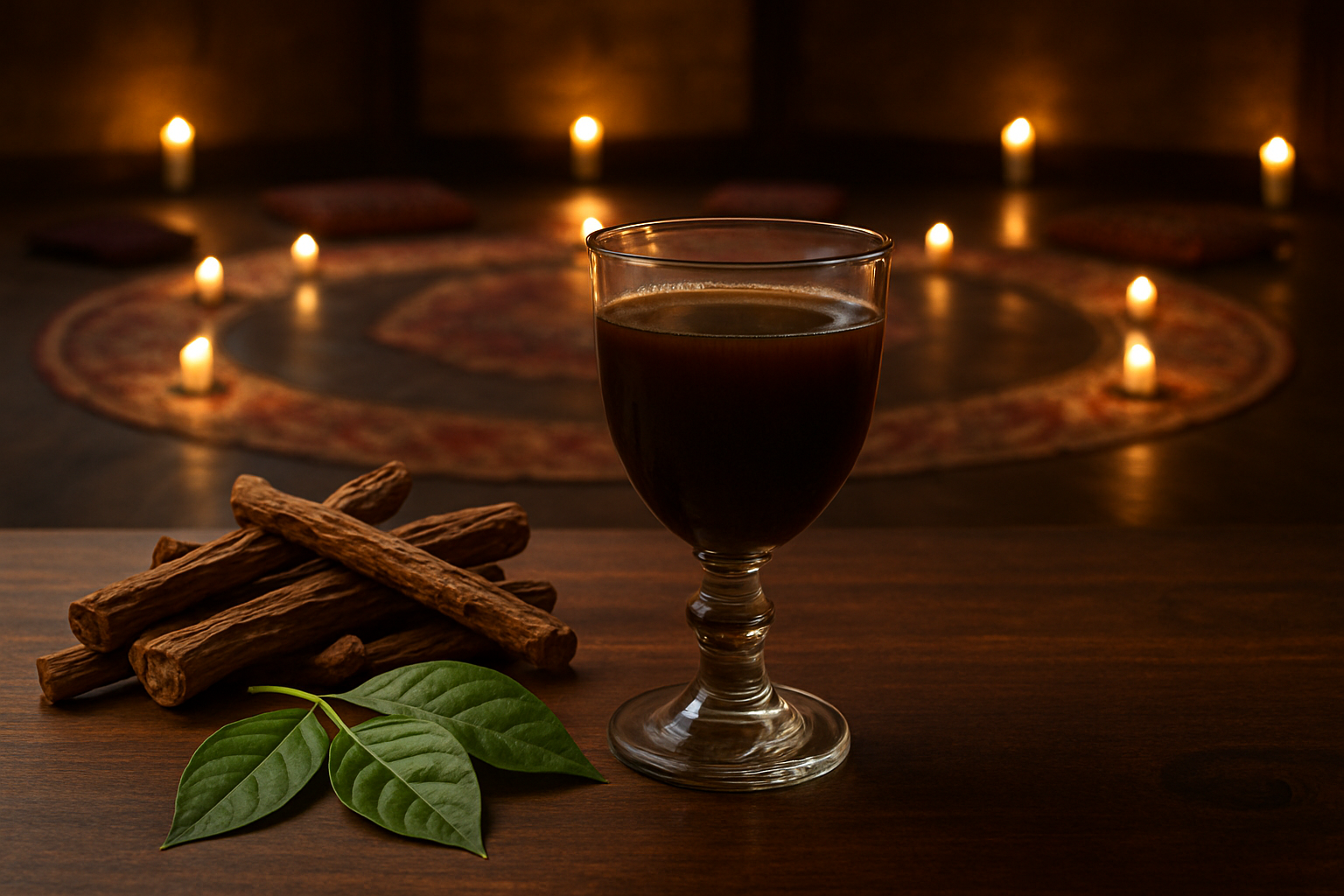 Um copo de ayahuasca em um ambiente ritualístico com velas acesas ao fundo, acompanhado de folhas e raízes de plantas.