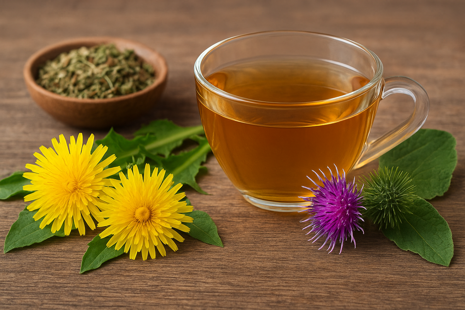 Chá de Dente de Leão e Cardo Mariano em xícara de vidro, acompanhado das flores frescas e ervas secas.