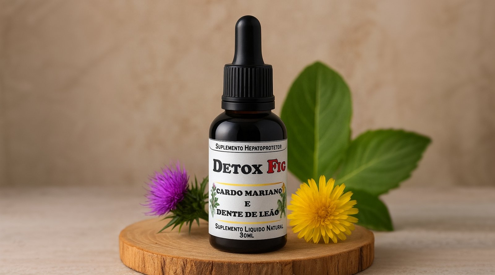 Uma garrafa de suplemento líquido Detox Fig (30ml) com rótulo destacando "Cardo Mariano e Dente de Leão", um suplemento hepatoprotetor natural, colocada sobre um disco de madeira. Ao lado, há uma flor roxa de cardo mariano e uma flor amarela de dente de leão, com folhas verdes ao fundo, sobre uma superfície neutra.